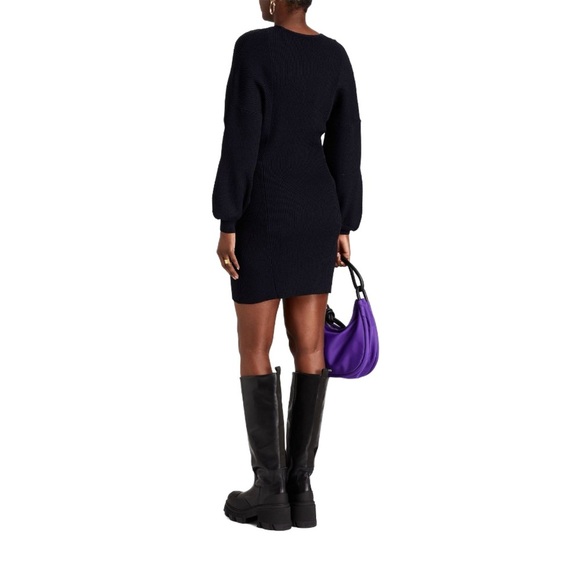 GANNI Wrap-effect Ribbed-knit Mini Dress Dark Navy Size Small NWT - Picture 2 of 6